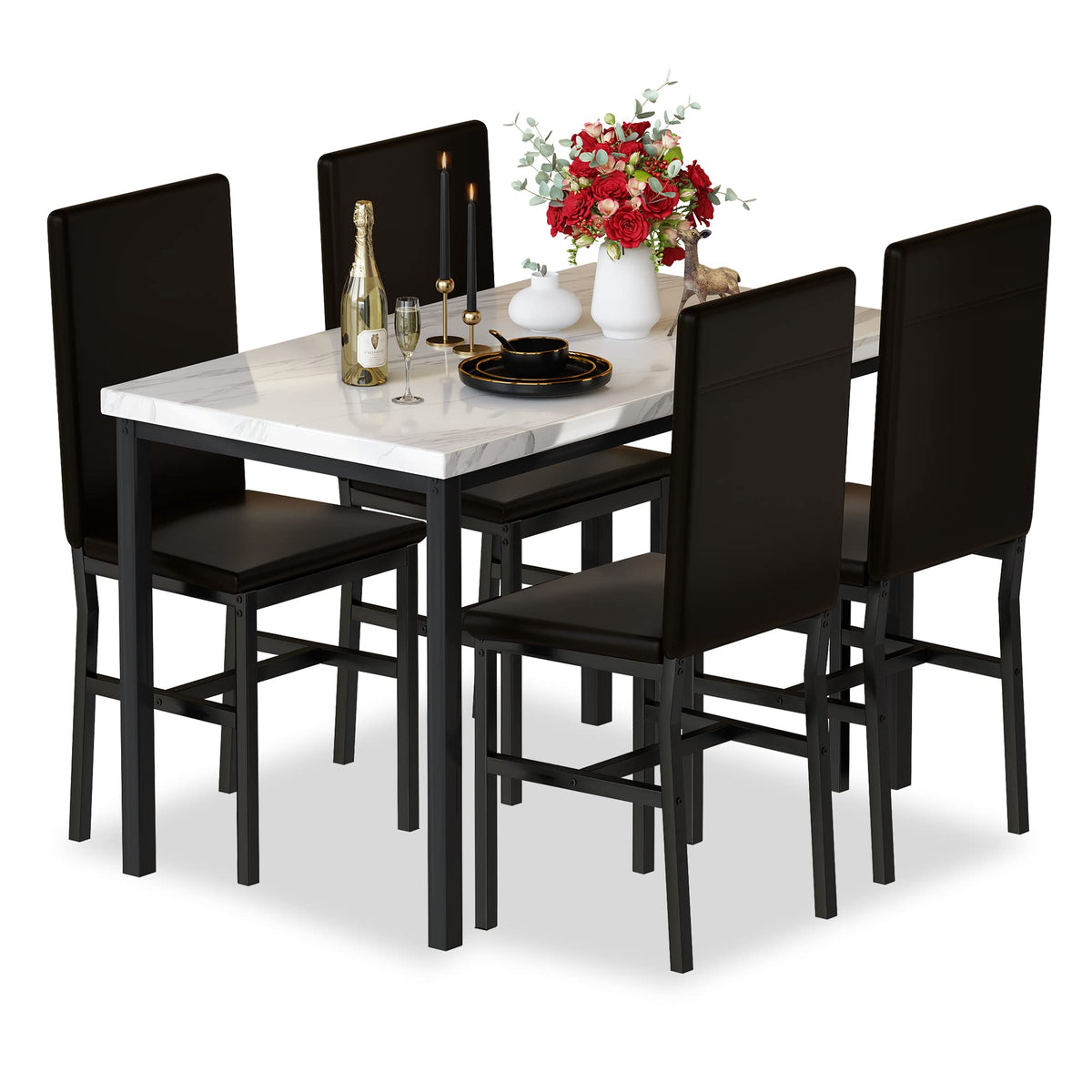 Hooseng 5-Piece Dining Table Set for 4 with Faux Marble Top & Velvet Chairs, Space Saving Modern Kitchen Table Set for Small Spaces, Apartments
