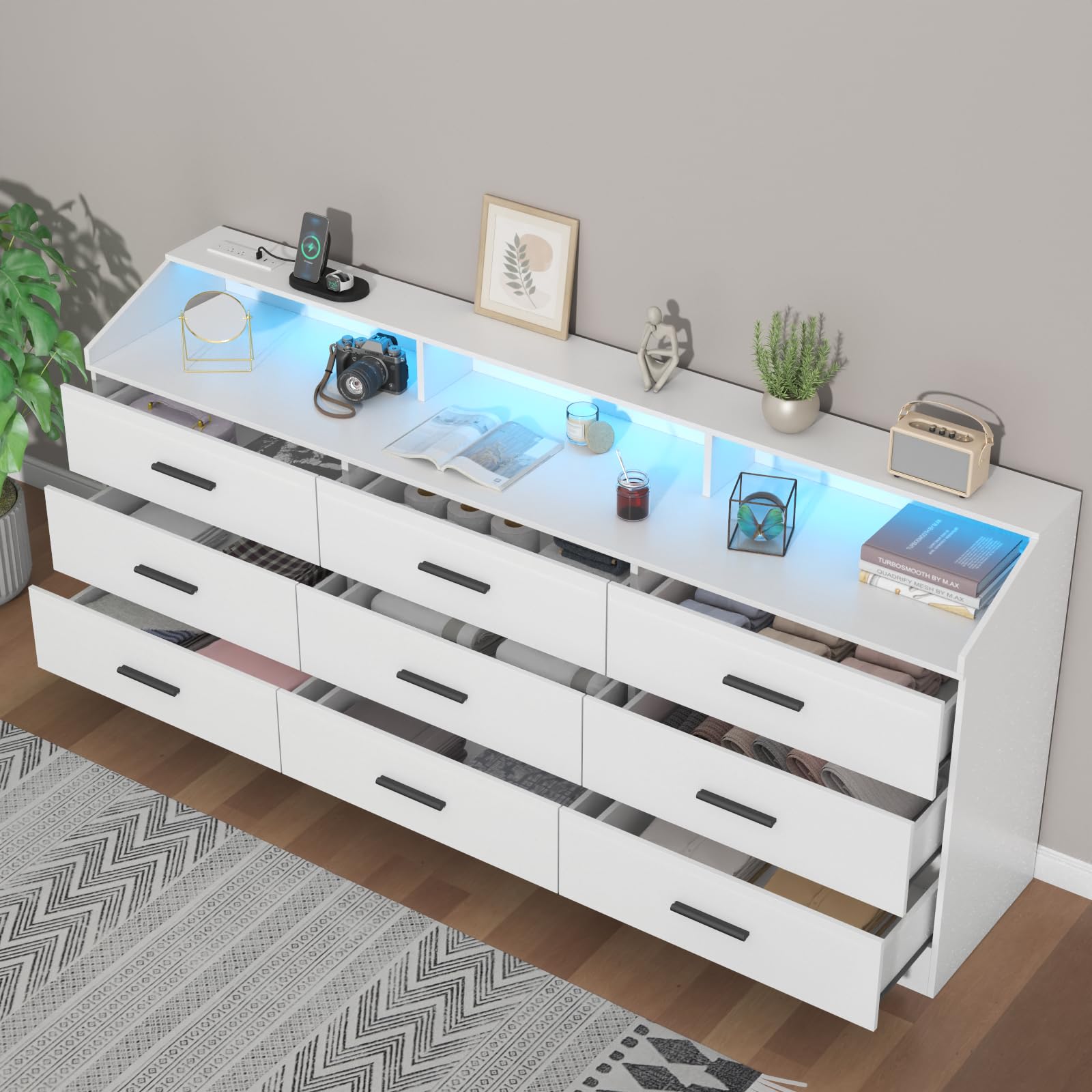 9 Drawer Dressers for Bedroom with Charging Station, Wooden Dresser Wide Dresser with Led Light, 63'' Long Dresser for Closet with Open Cubby, Modern White Bedroom Dresser Triple Wide Chest of Drawers