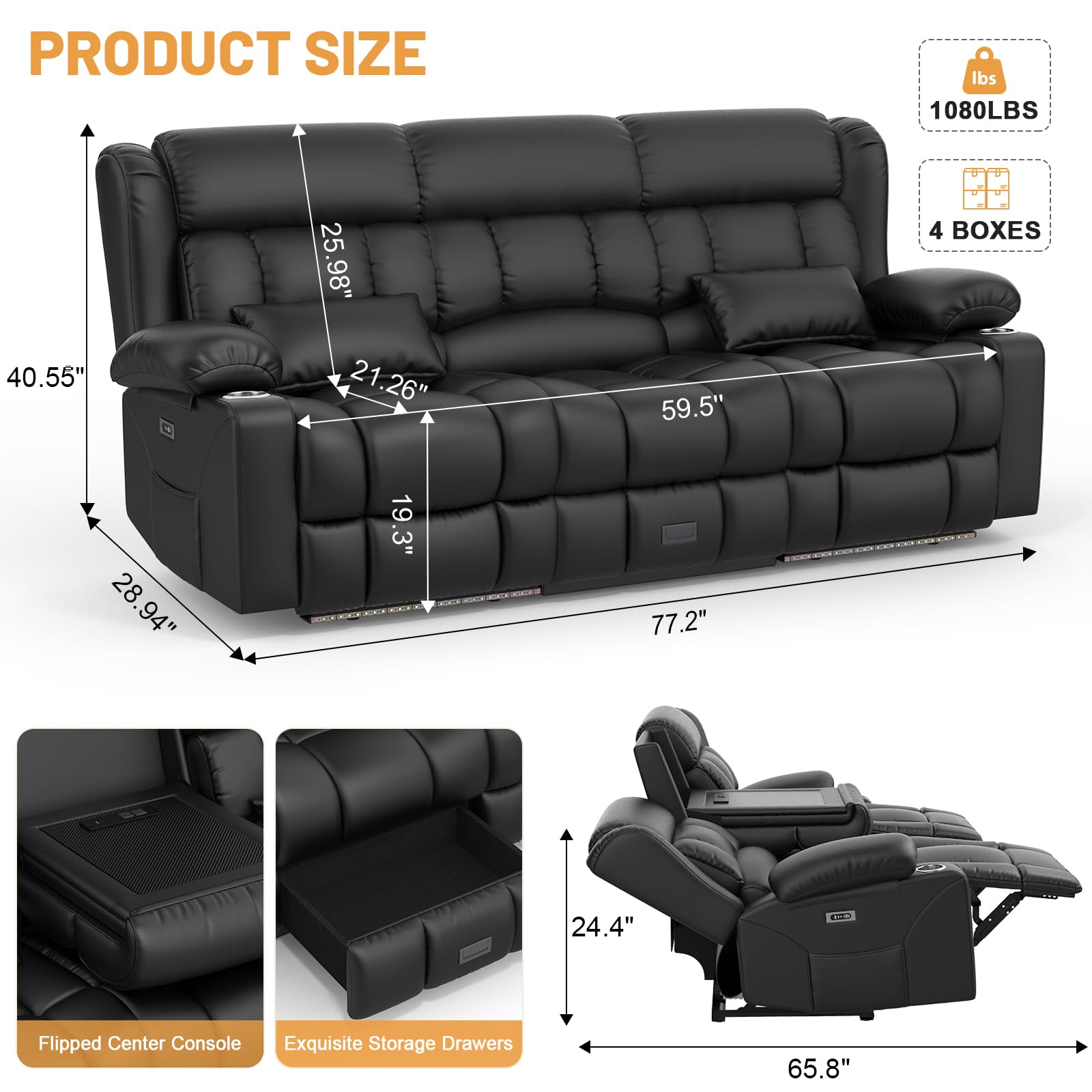 Dresegmt Power Loveseat Recliner Sofa, Wall Hugger RV Reclining Loveseat Couch with Flip Middle Backrest Design, Large Storage Drawer, Power Home Theater Seating with Pillow, LED Light, Outlet (Black)