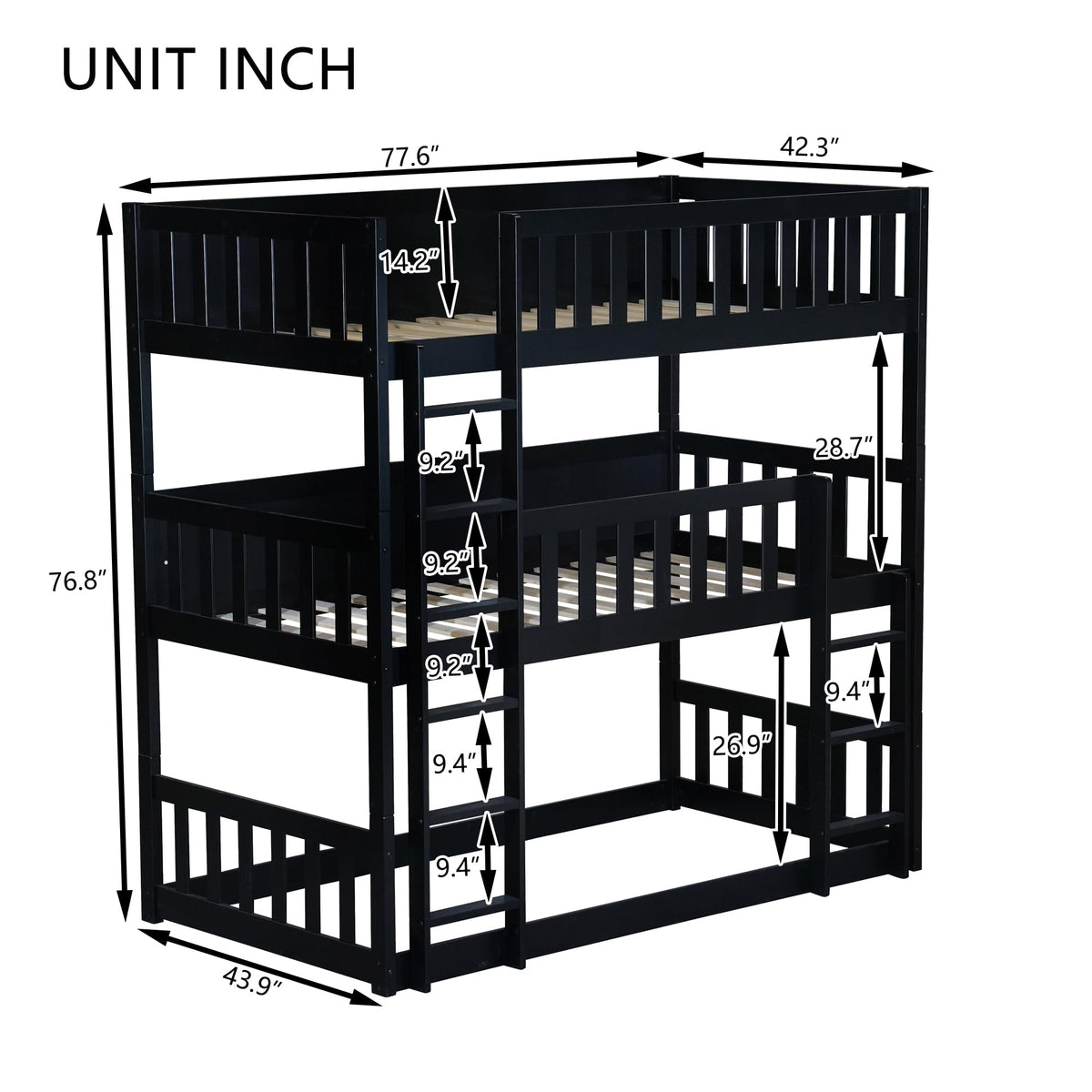 Bellemave Twin Over Twin Over Twin Triple Beds for 3 Kids, Wood 3 Bunk Beds, Espresso