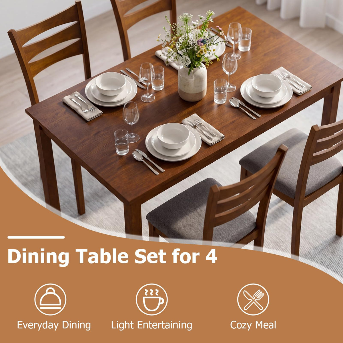 GIANTEX Dining Table Set for 4, Rectangular Kitchen Table Set w/ 4 Upholstered Chairs & Solid Rubber Wood Frame, Space-Saving Farmhouse Dinette Set for Small Space, Dining Room, Breakfast Nook