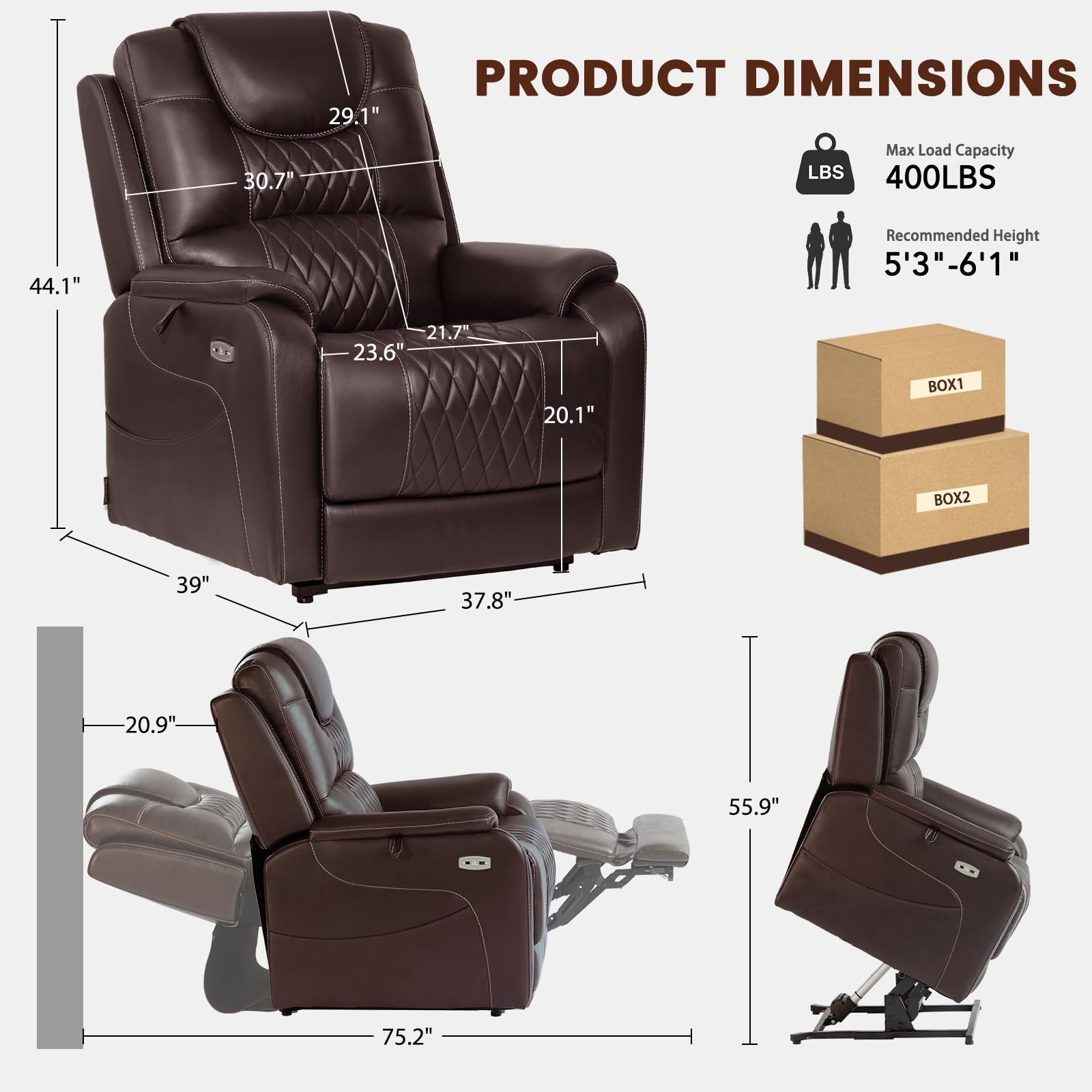 EONIX Triple Motor Lay Flat Power Lift Recliner Chair for Elderly with Massage, 400lbs Electirc Lift Chair for Living Room, Independent Adjustable Backrest Headrest, Extended Footrest, Dark Brown