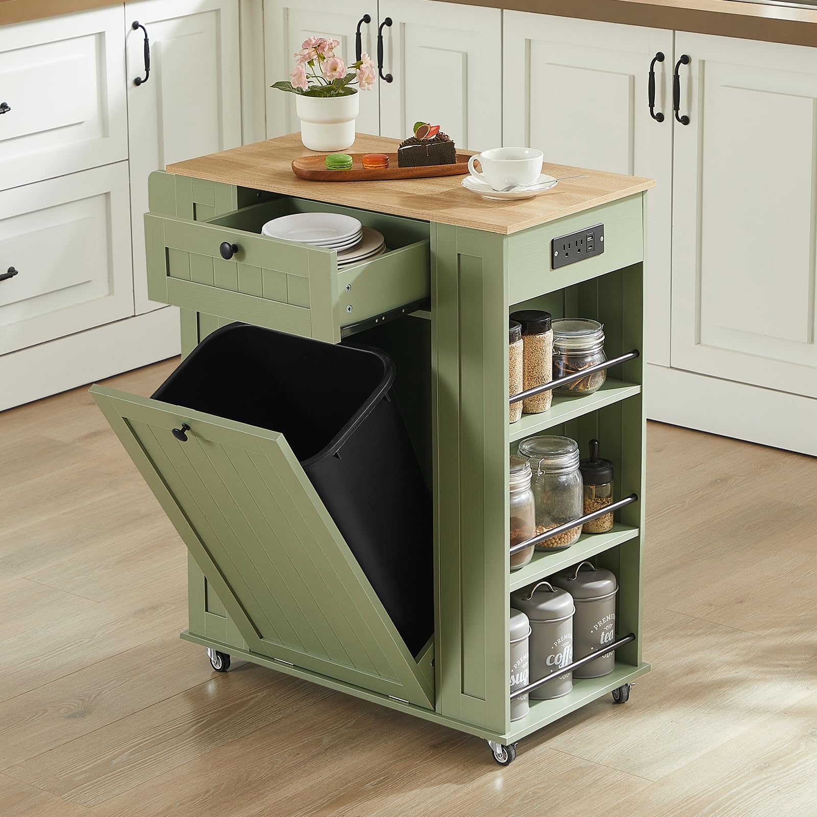 Rolling Kitchen Island with Trash Cabinet & Power Outlet