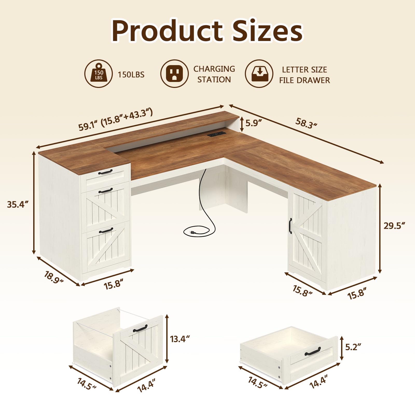 Farmhouse L-Shaped Desk with Drawers, Storage & Power Outlet