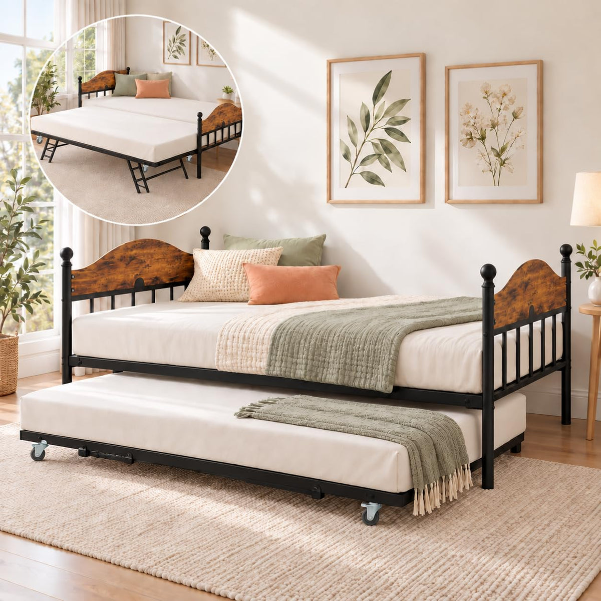 IDEALHOUSE Twin Daybed with Trundle, Foldable Pop Up Metal Twin Bed Frame