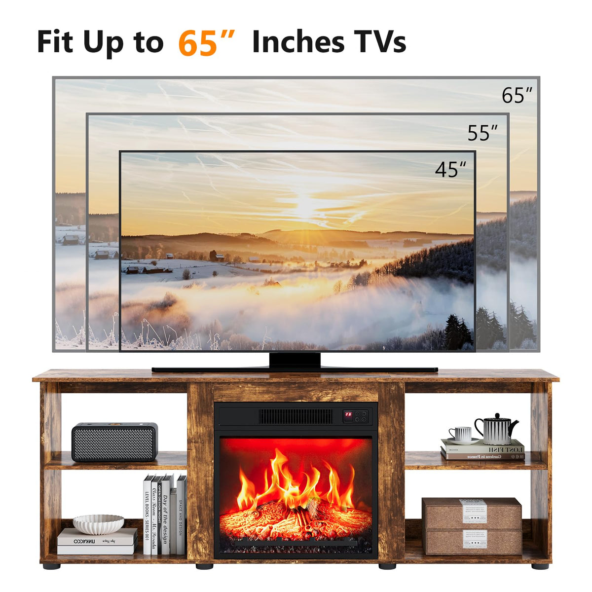 VINGLI 58" Fireplace TV Stand for TV up to 65", 4 Open Shelves, Brown