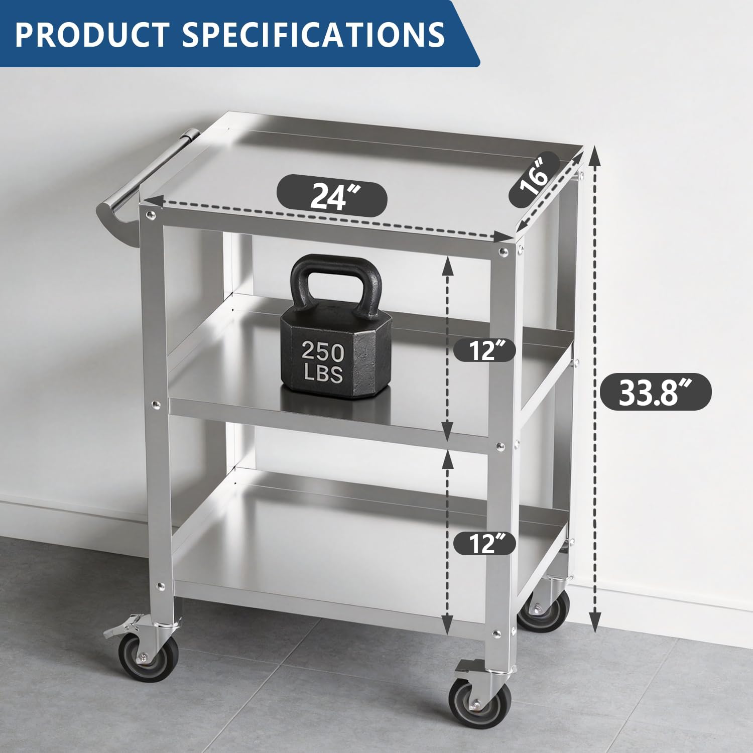 3-Tier Stainless Steel Utility Cart with Wheels & Handle