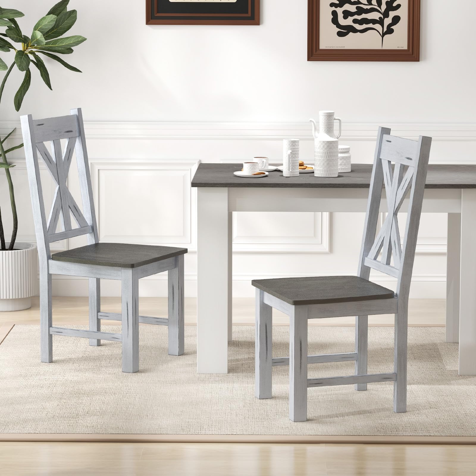 Rubber Wood Dining Chairs, Set of 4 – Hollowed High Back, Grey