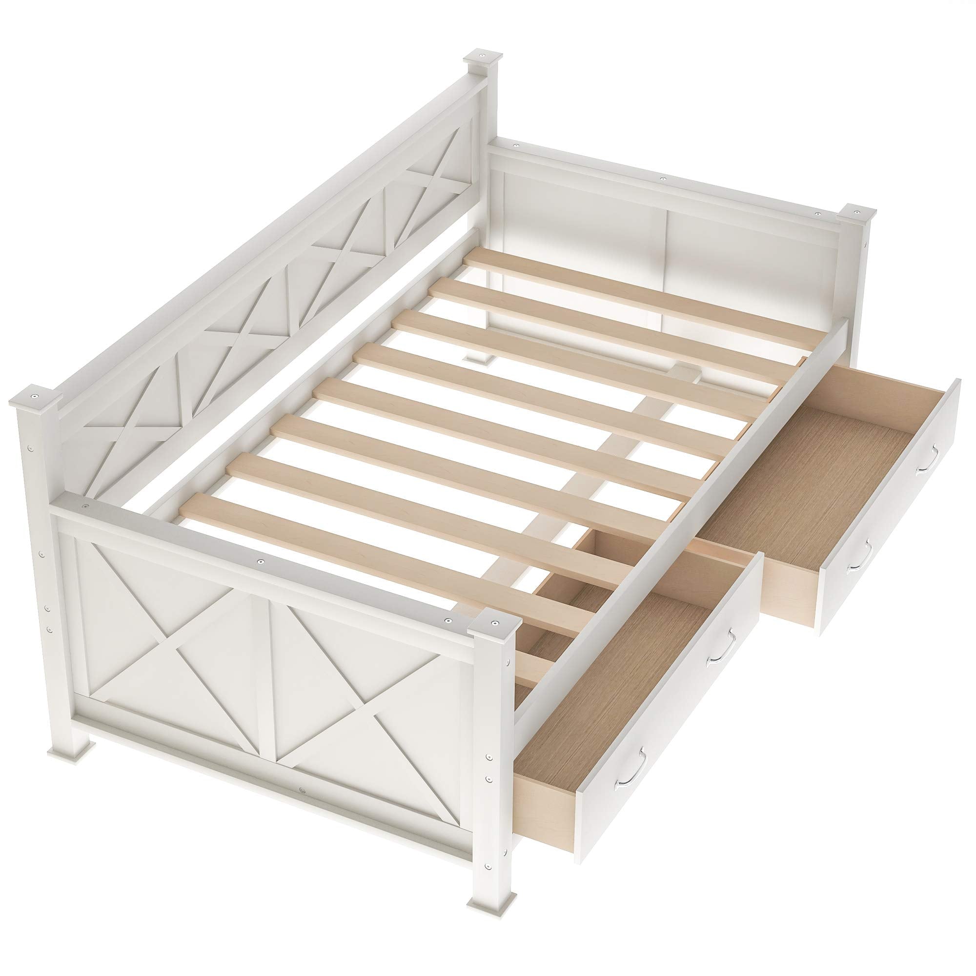 Twin Size Solid Wood Daybed Frame with 2 Storage Drawers,X-Shaped Backrest and Armrests,Low Profile Design,Perfect for Kids Room,Small Space,Apartment,No Box Spring Needed,Space Saving,Cream White