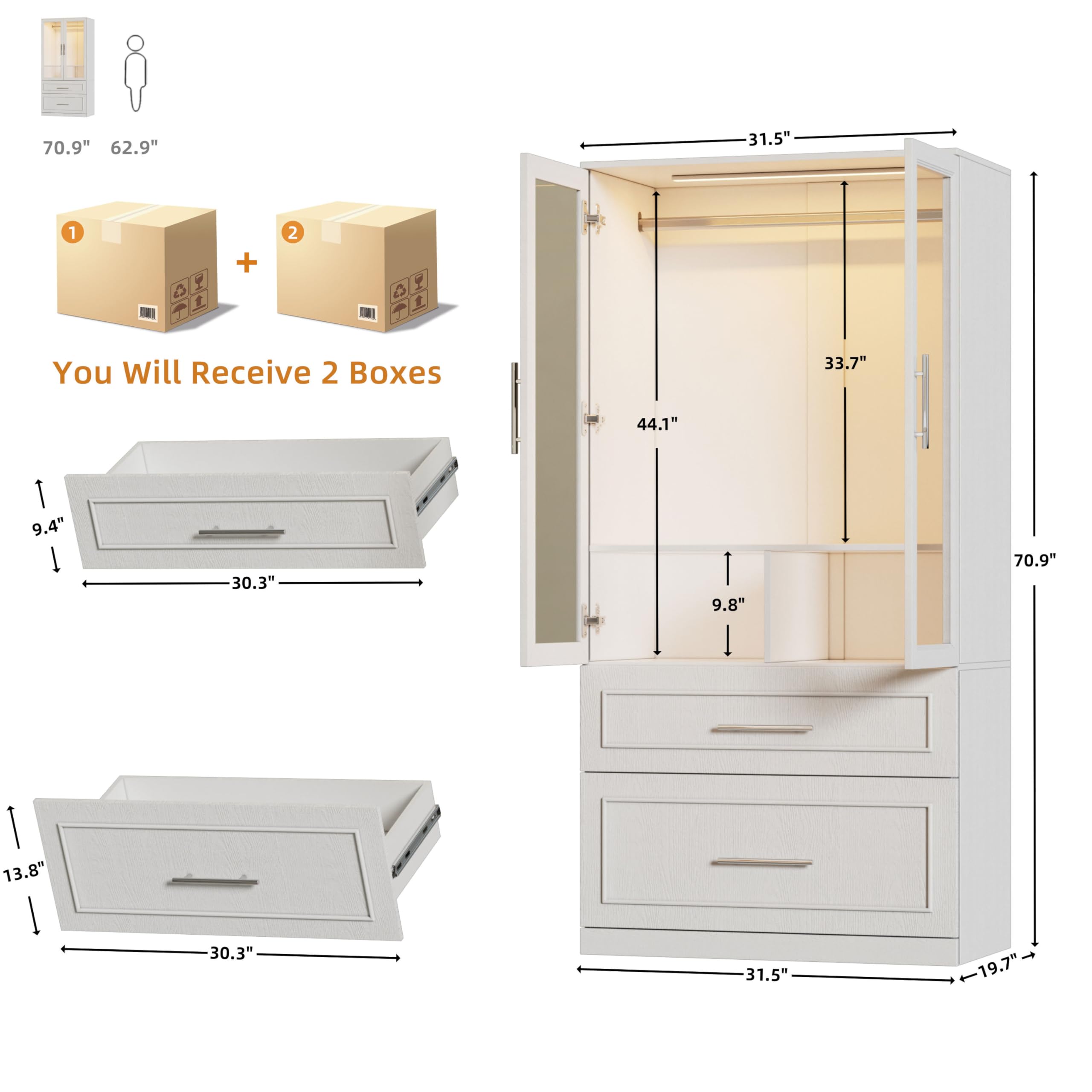 Armoire Wardrobe Closet with LED Light, Drawers & Hanging Rod