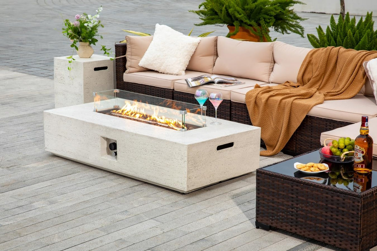 LumeVale 56-inch Rectangle Propane Gas Fire Pit Table, CSA Certified 50,000 BTU Outdoor Fireplace for Backyard, Porch, Garden (White, Fire Pit with Wind Guard&Tank)