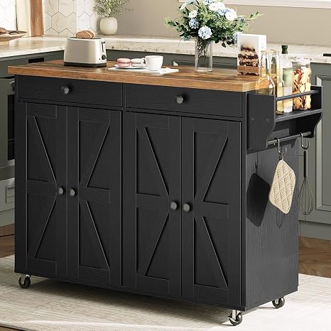 Rolling Kitchen Island with Power Outlet and Storage