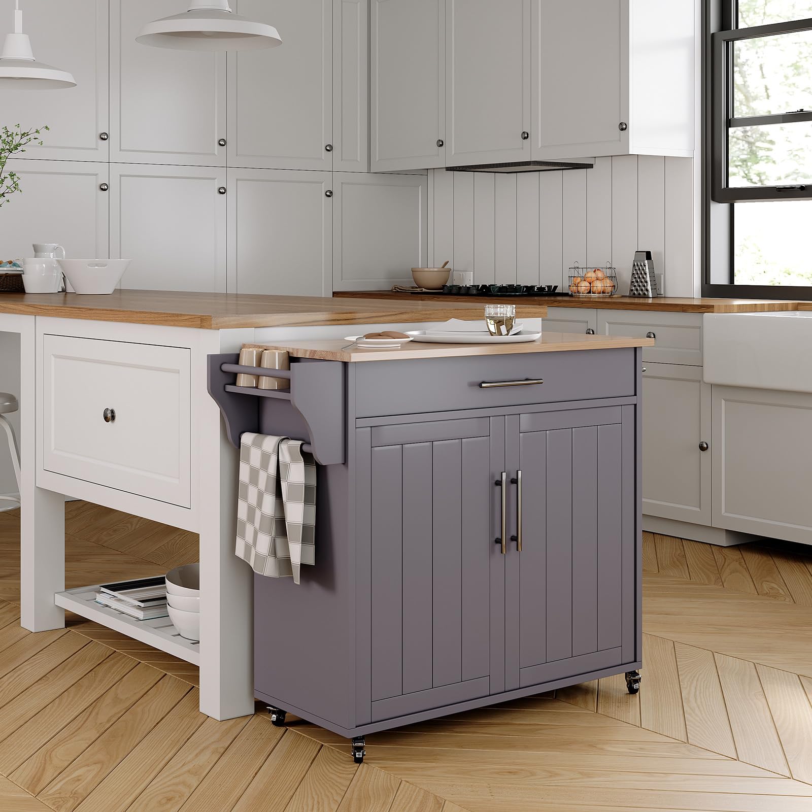 Soscana Wood Kitchen Island with Storage, Wooden Rolling Kitchen Island On Wheels with Countertop, Mobile Kitchen Island Cart with Towel Rack, Spice Rack, Adjustable Shelf and Drawers, Grey