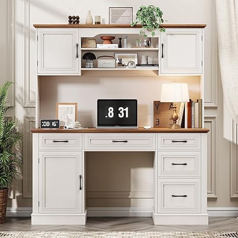 Farmhouse Executive Desk with Hutch & Charging Station