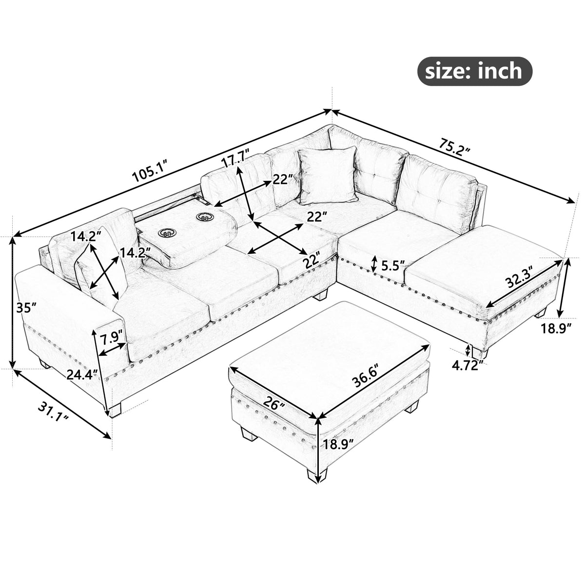 Reversible Chaise Sectional with Storage Ottoman