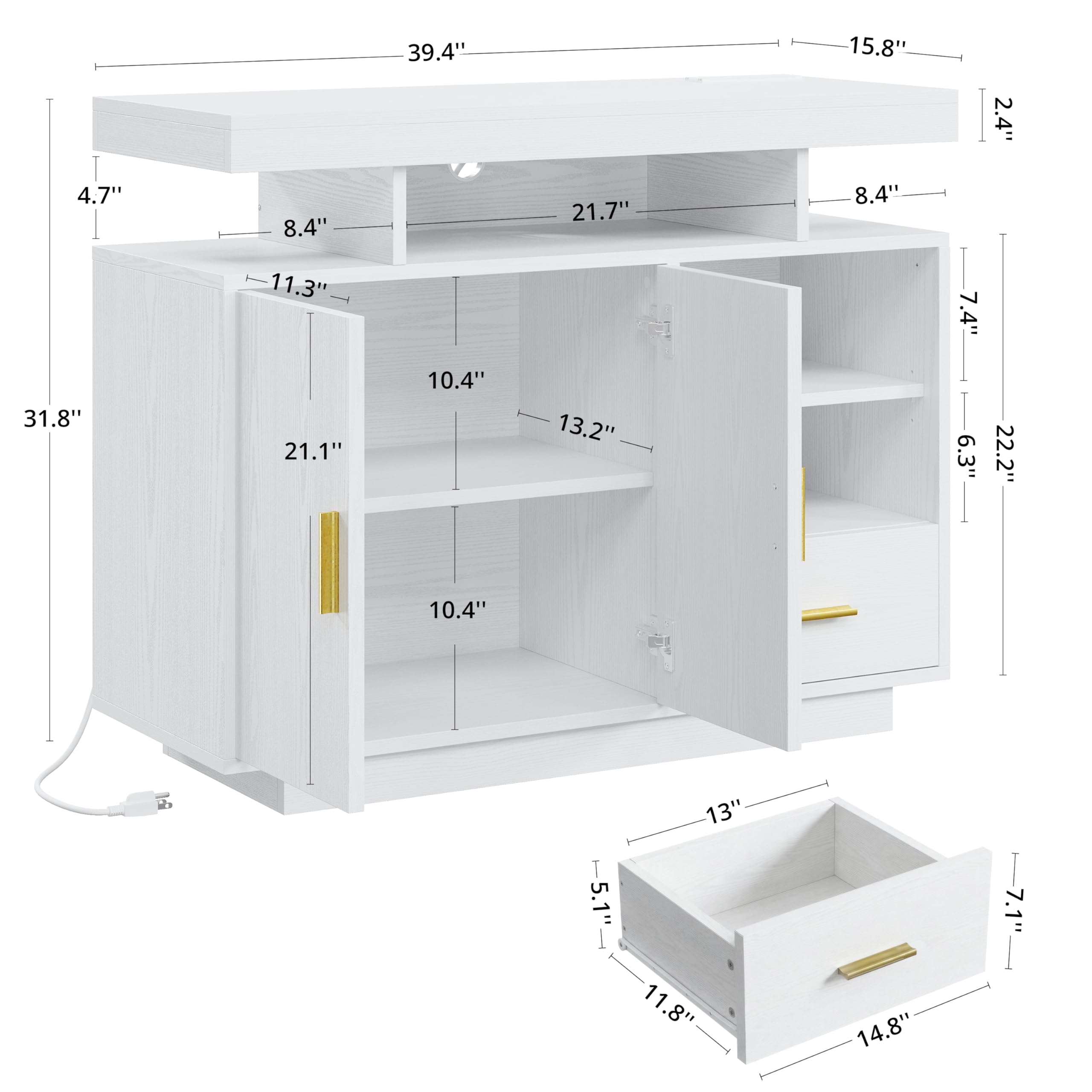 IRONCK Buffet Cabinet, Sideboard Cabinet with Power Outlet and LED Light, Modern Storage Cabinet with Drawer and Shelves, White