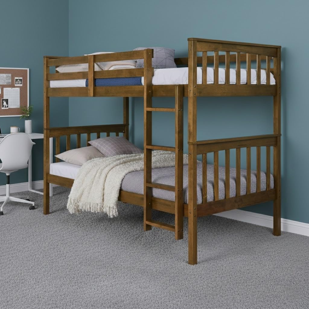 HOME DESIGN Ames Twin Over Twin Solid Wood Bunk Bed Frame, Brown