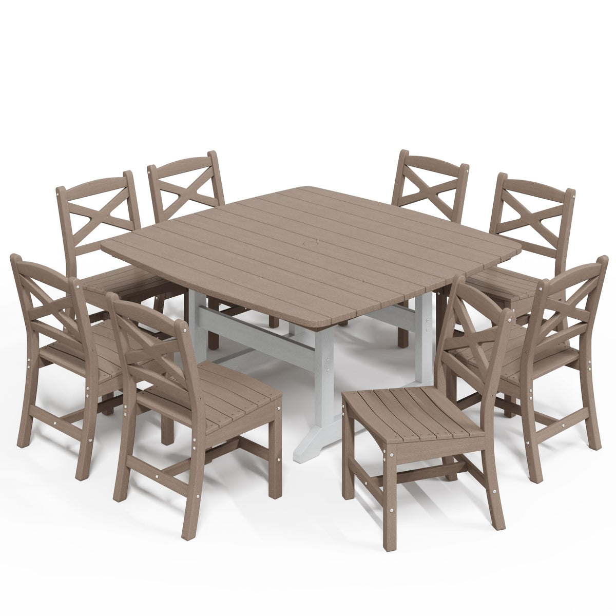 Polyhouz Outdoor Dining Set, HDPE 9-Piece Patio Table and Chairs Set, All-Weather Outdoor Dining Table Set for 8 with Umbrella Hole, Durable Patio Furniture Set with Chairs,White Brown