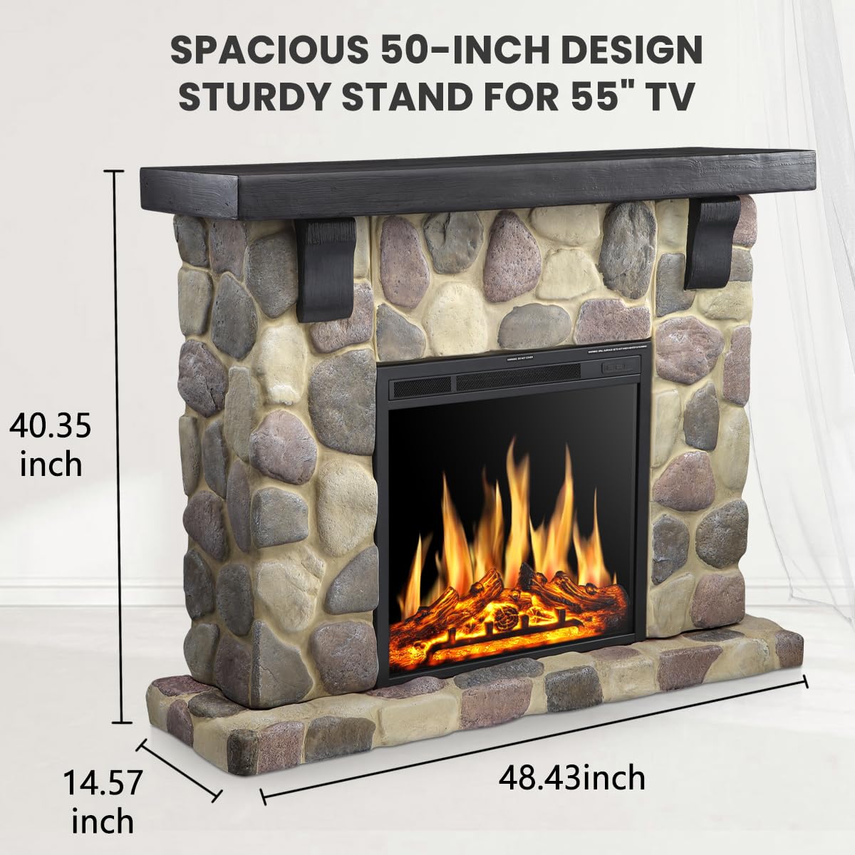Electactic 50" Electric Fireplace TV Stand with Faux Stone Mantel, Round