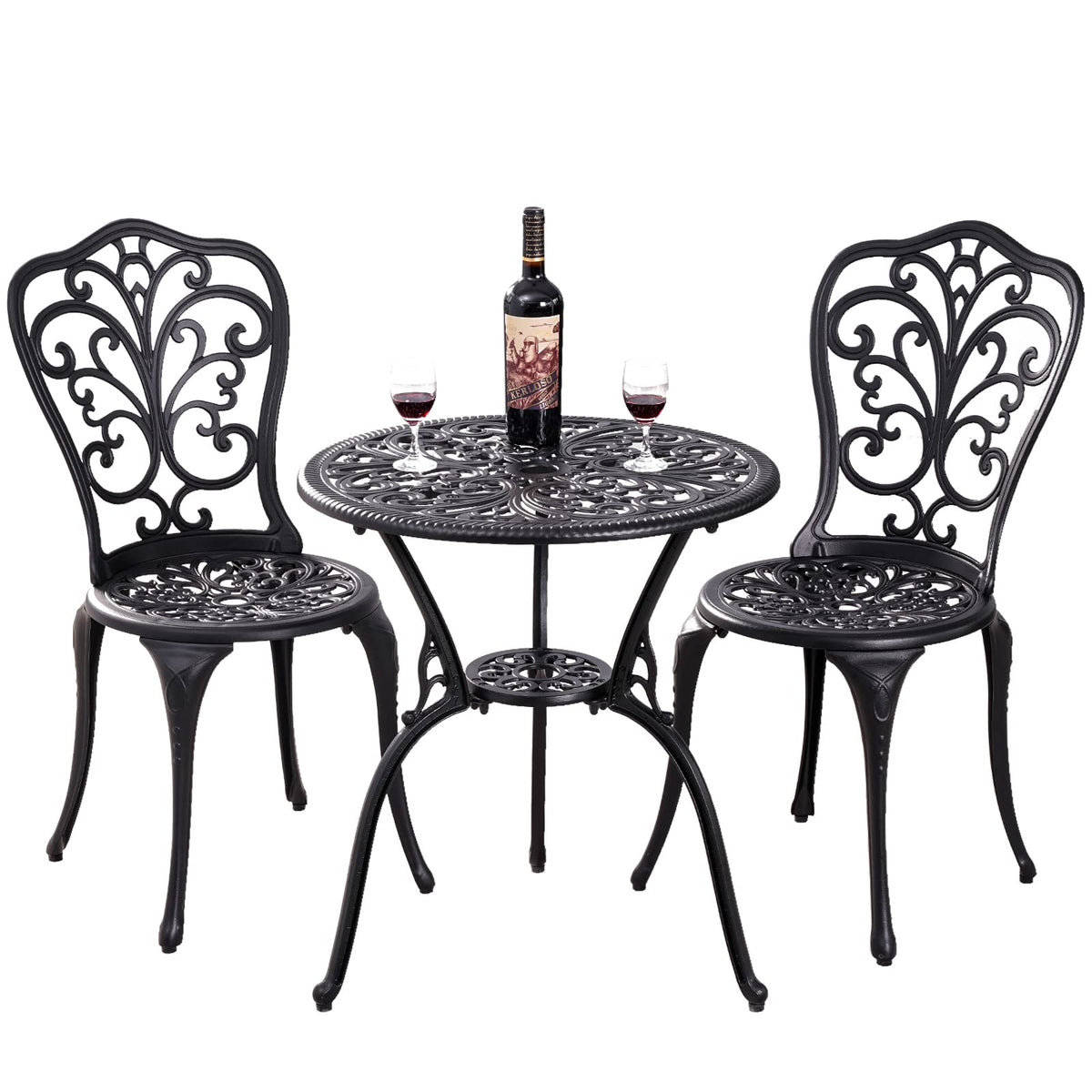 Withniture Bistro Set 3 Piece Outdoor,Cast Aluminum Patio Bistro Sets with 1.97''Umbrella Hole,Rust-Resistant Outdoor Table and Chairs,Patio Furniture Set for Garden,Park (Black)
