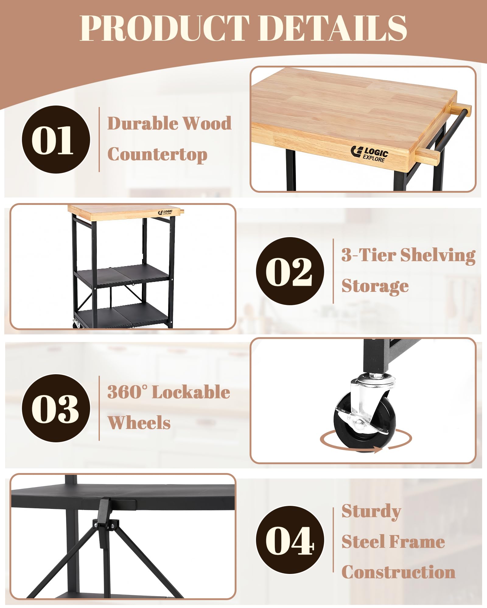 Logicexplore Foldable Kitchen Storage Cart with Solid Oak Top, Heavy-Duty Metal Frame, 3-Tier Rolling Utility Rack, Kitchen Island on Lockable Wheels for Microwave, Toaster Oven & Food Prep