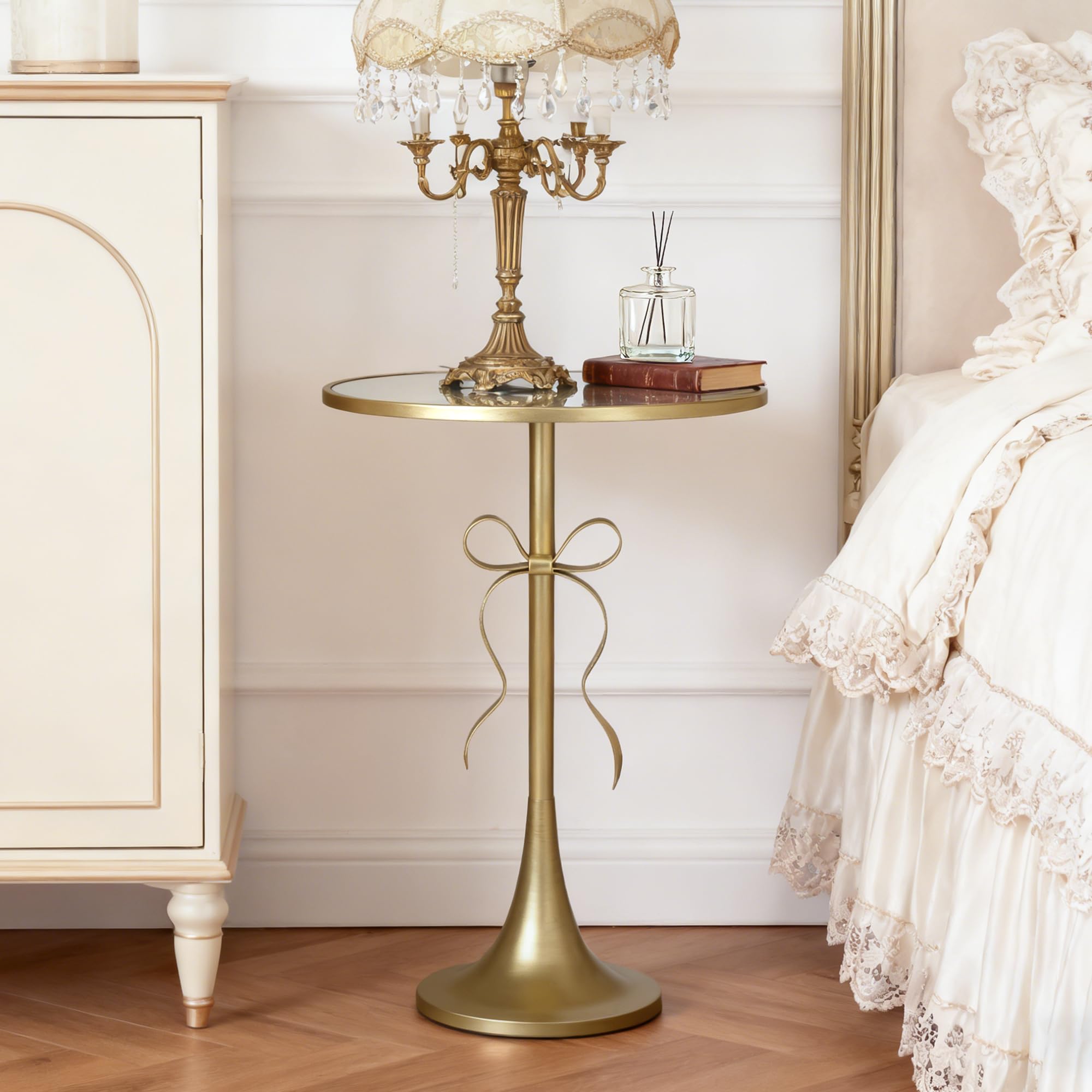 Aoligrace Gold Metal Side Table, Retro Bow Pedestal End Table with Mirror Tabletop, Decorative Martini Drink Table for Small Space, Living Room, Couch, Patio