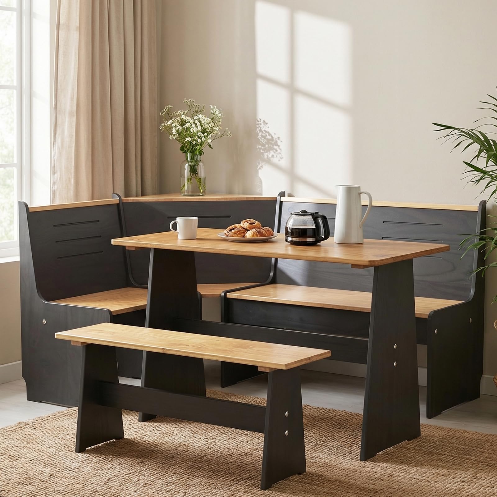 Gracava Breakfast Nook Table Set - L Shaped Corner Solid Wood Kitchen Dining Table with Bench Space Saving Seats 4-6 for Apartment 丨 Black