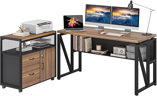 L-Shaped Executive Desk with File Cabinet & Drawers, 63"