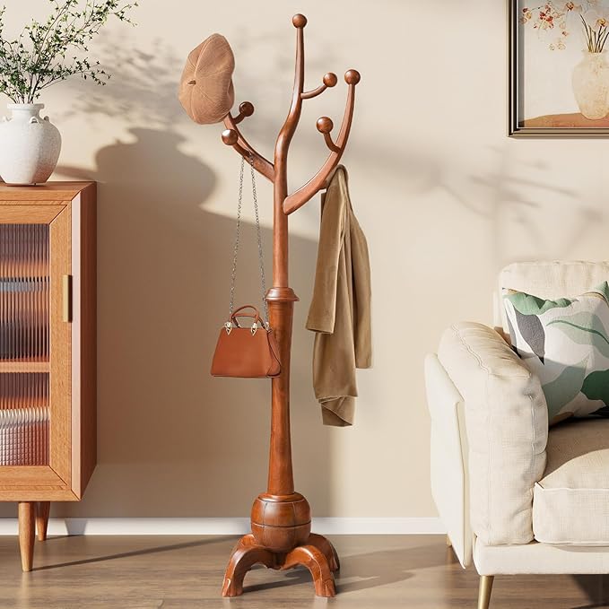 Freestanding Wooden Coat Rack with 8 Hooks