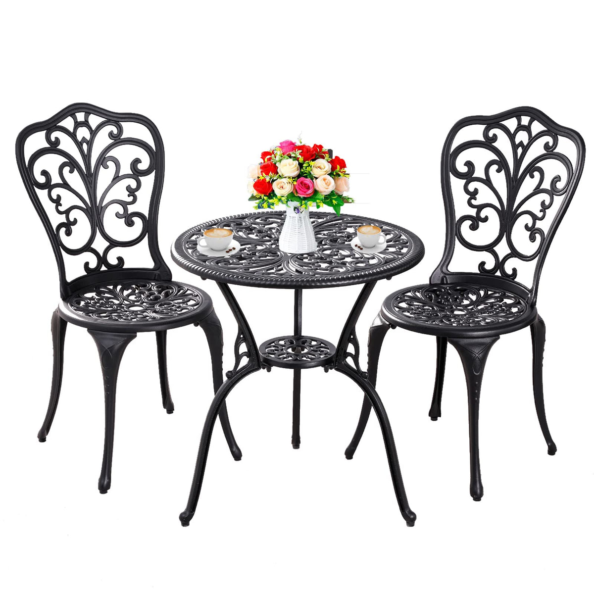 Withniture Bistro Set 3 Piece Outdoor,Cast Aluminum Patio Bistro Sets with 1.97''Umbrella Hole,Rust-Resistant Outdoor Table and Chairs,Patio Furniture Set for Garden,Park (Black)