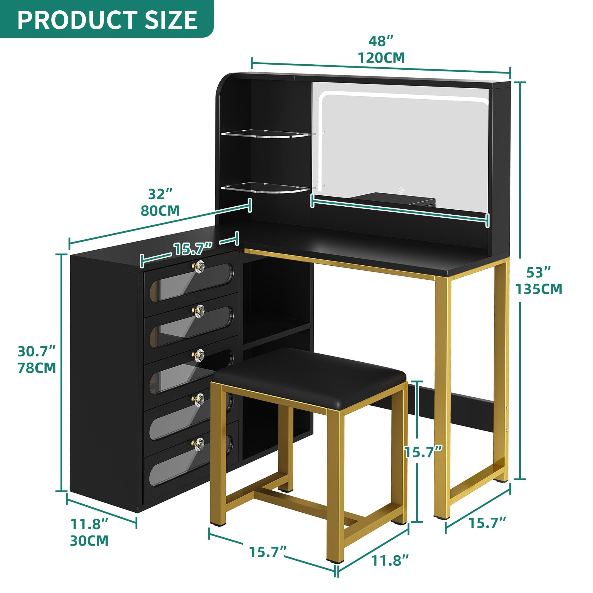 DWVO Vanity Desk with Light and Mirror, 3 Lighting Modes, L-Shaped Corner Vanity Table, 48" Large Dressing Table with 5 Tempered Glass Drawers with Open Storage Shelves