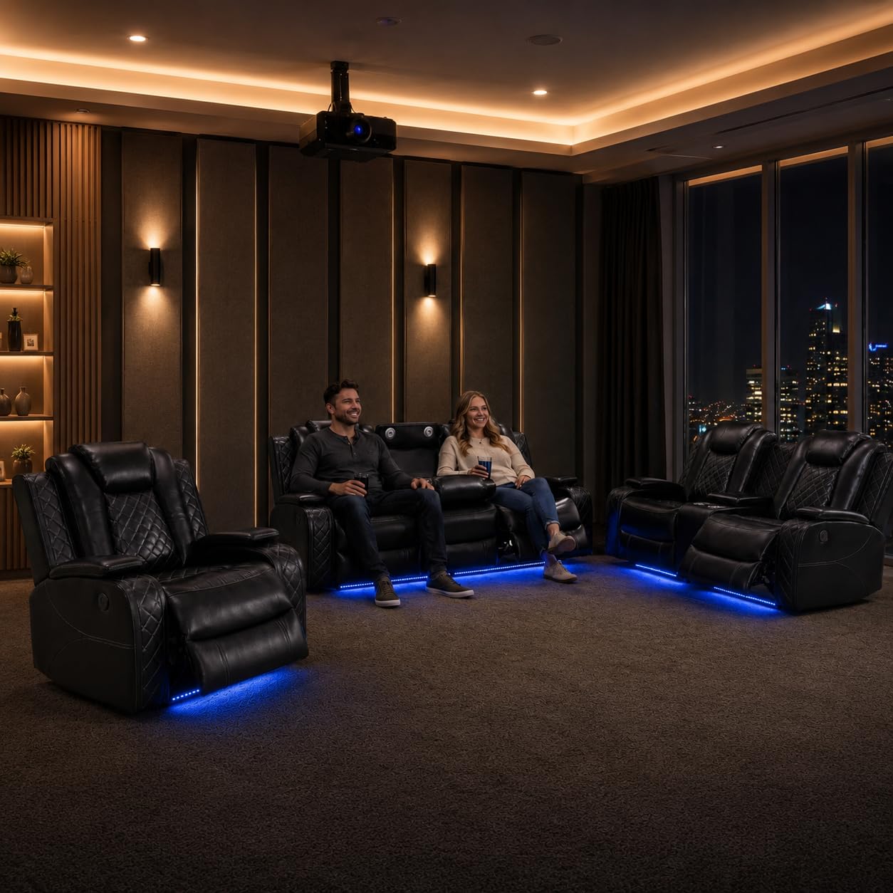 Puduvir Power Reclining Sectional Sofa for Living Room, 3 Pieces Leather Recliner Sofa Set with USB Ports, LED Light, Wireless Charger & Storage Console, Living Room Furniture with Home Theater Seat