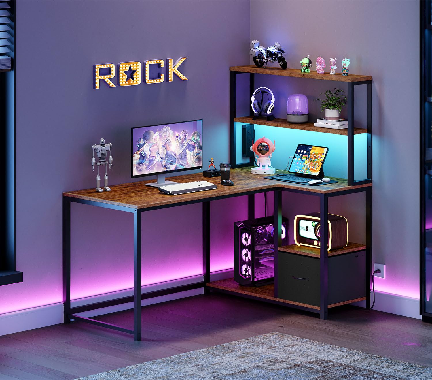 L-Shaped Desk with 4 Drawers, LED Lights & Power Outlet, 47 Inch
