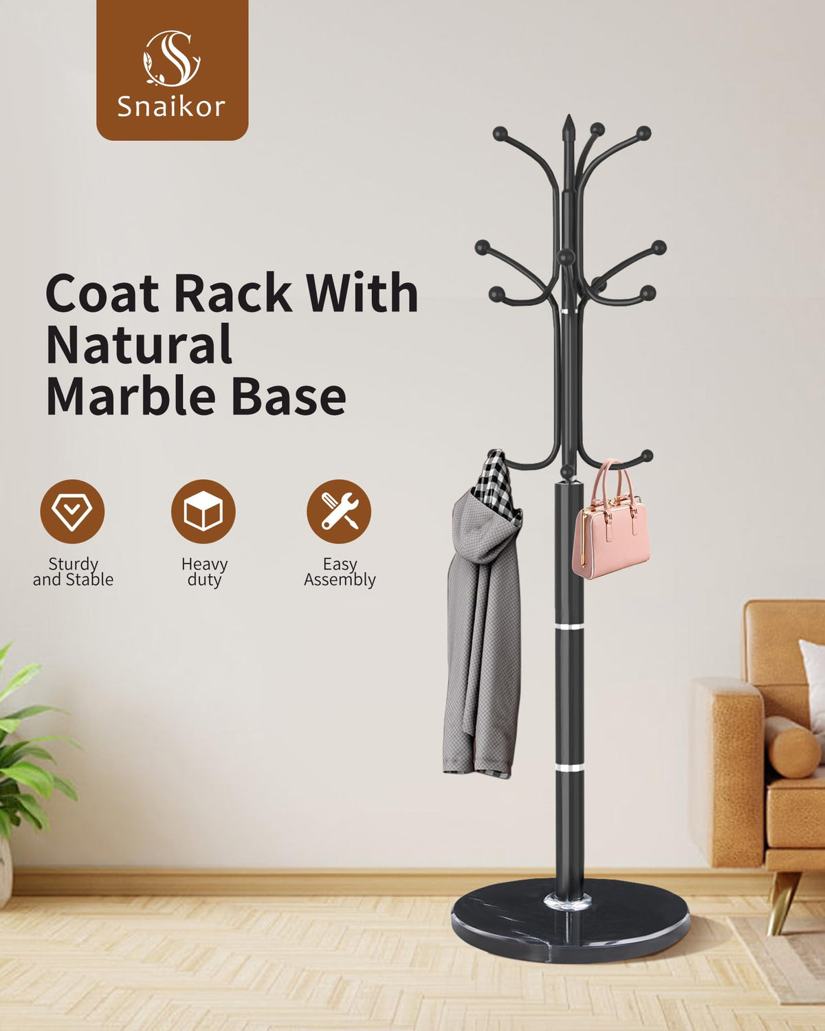 Snaikor Metal Coat Rack Freestanding, Sturdy Coat Rack Stand with Natural Marble Base, Modern Black Coat Racks Tree Hats Hanger Holder Stand for Entryway, Hallway, Office(12 Hooks)