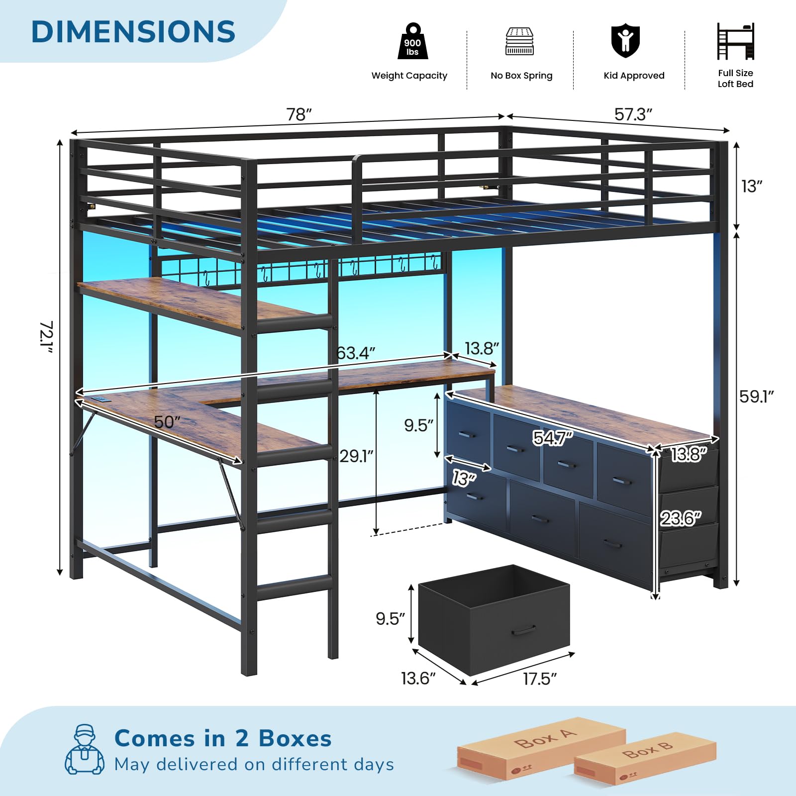 Full Size Loft Bed with Desk, Storage Drawers & RGB LED Lights