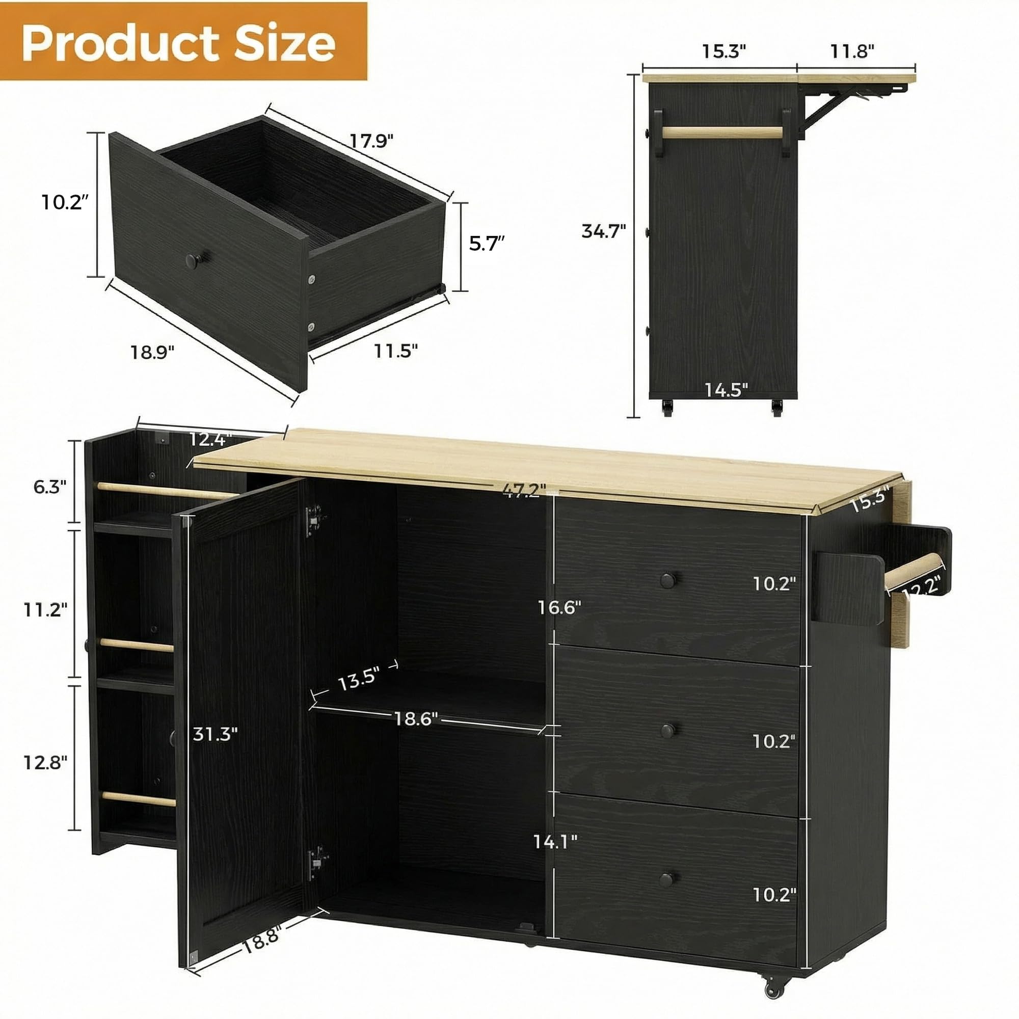 IRONCK Kitchen Island with Storage, 47.2in Rolling Island on Wheels, Kitchen Cart with Drop Leaf, 3 Spacious Drawers, Storage Cabinets and Towel Rack for Home, Dining Room