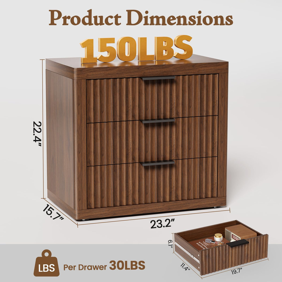 LOOMORA Fluted Nightstand with 3 Drawers, Night Stand, Walnut