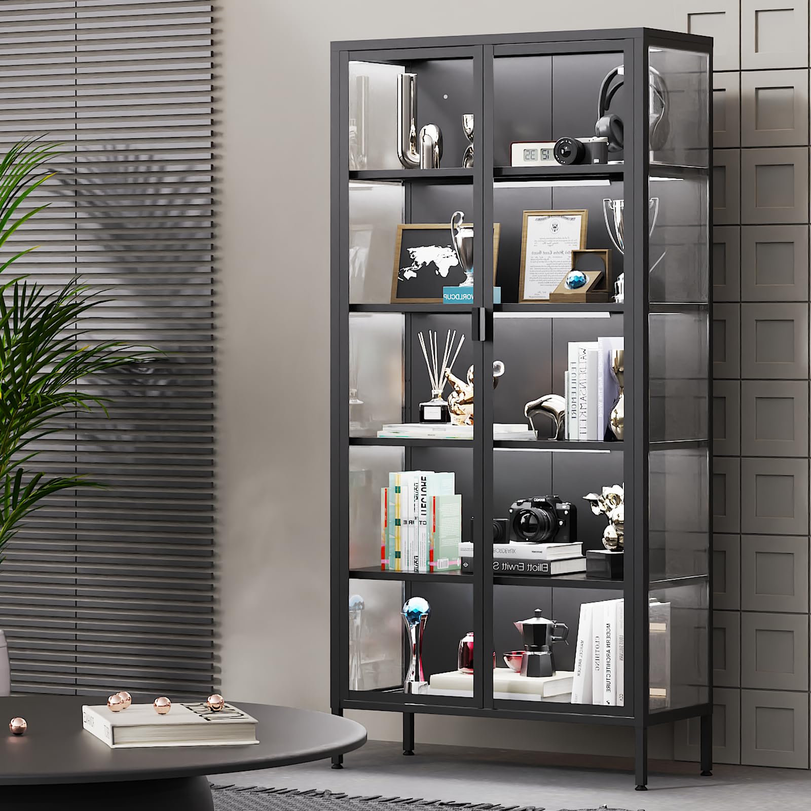 5-Tier Glass Display Cabinet with LED Sensor Lights & Adjustable Shelves