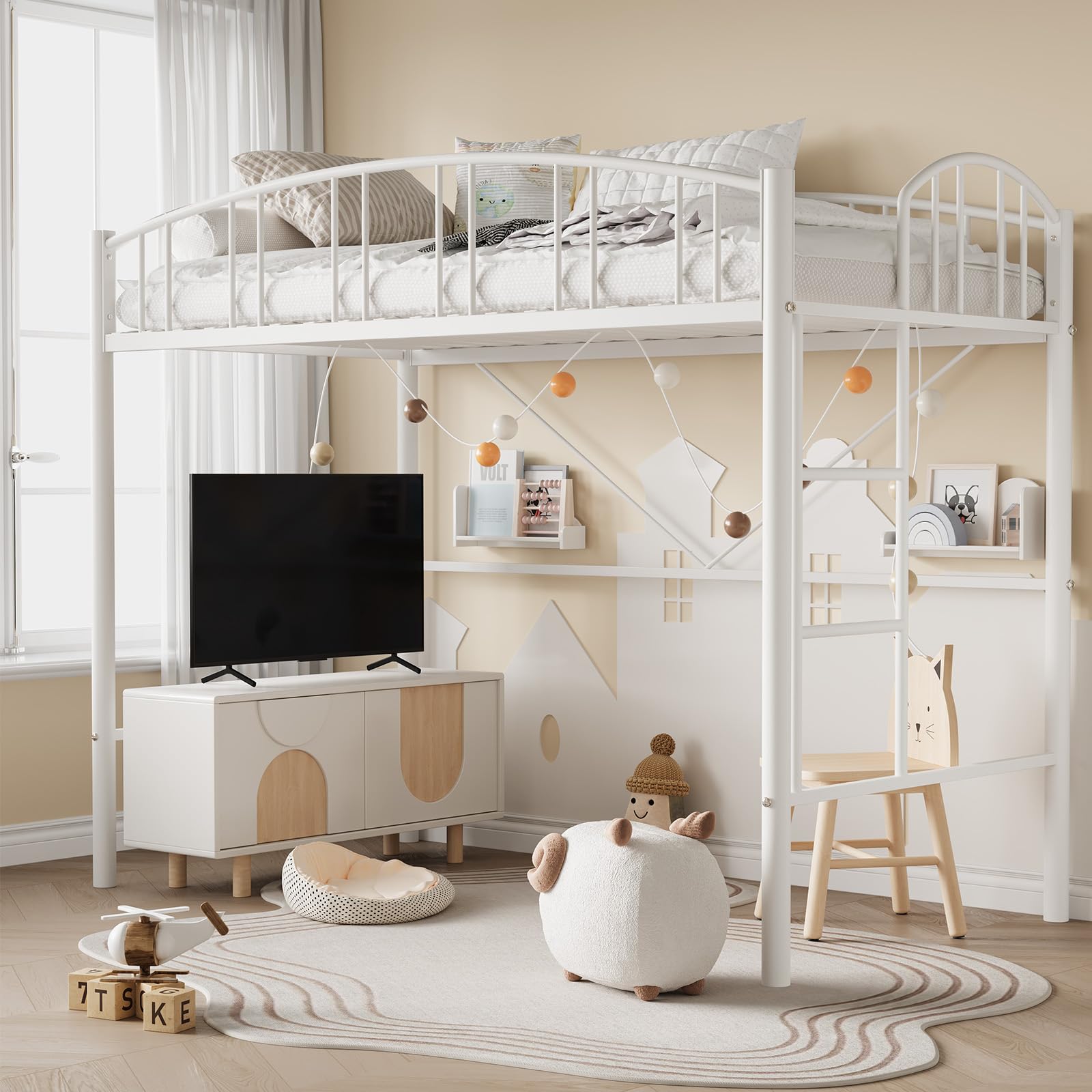 Twin Size Metal Loft Bed Frame with Arched Guardrail & Safety Ladder