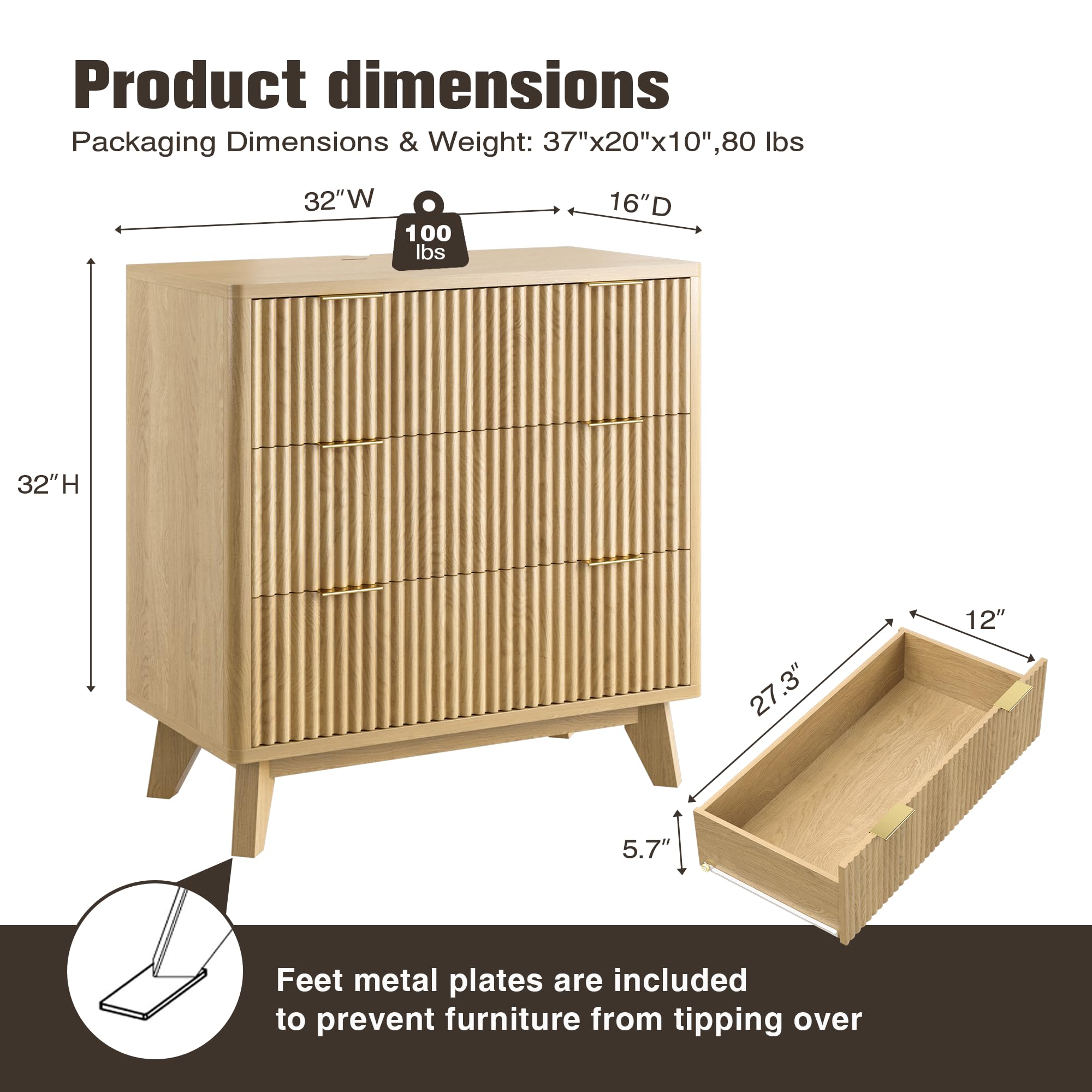 32" Fluted Nightstand with Fast Charging Station & 3 Drawers