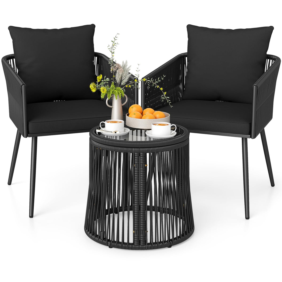 Tangkula 3 Pieces Patio Rattan Bistro Conversation Set, Outdoor All-Weather Wicker Furniture Chairs & Round Side Table Set with Tempered Glass Tabletop, Ideal for Porch, Balcony & Backyard (Black)