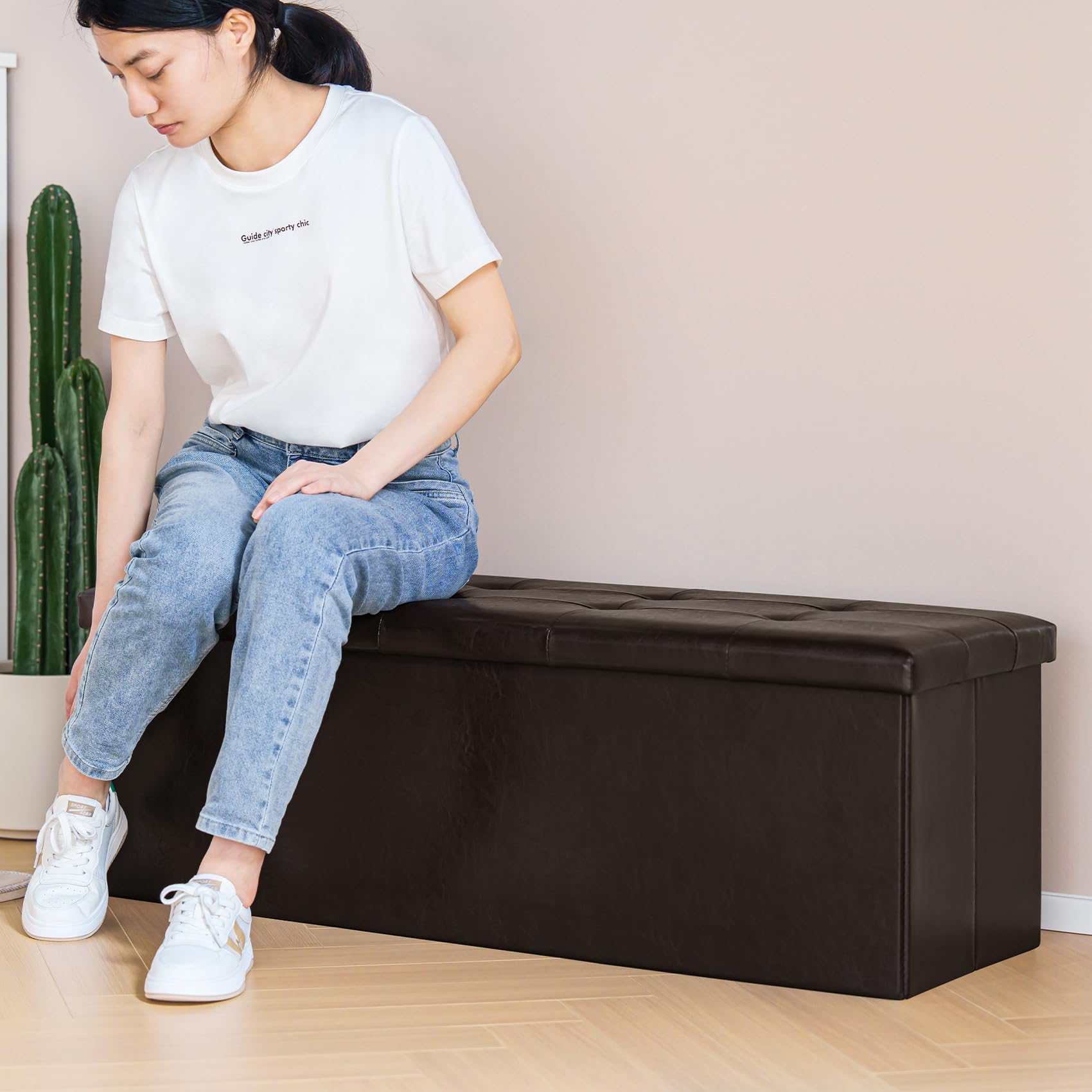 Folding Storage Ottoman Bench with Faux Leather Upholstery
