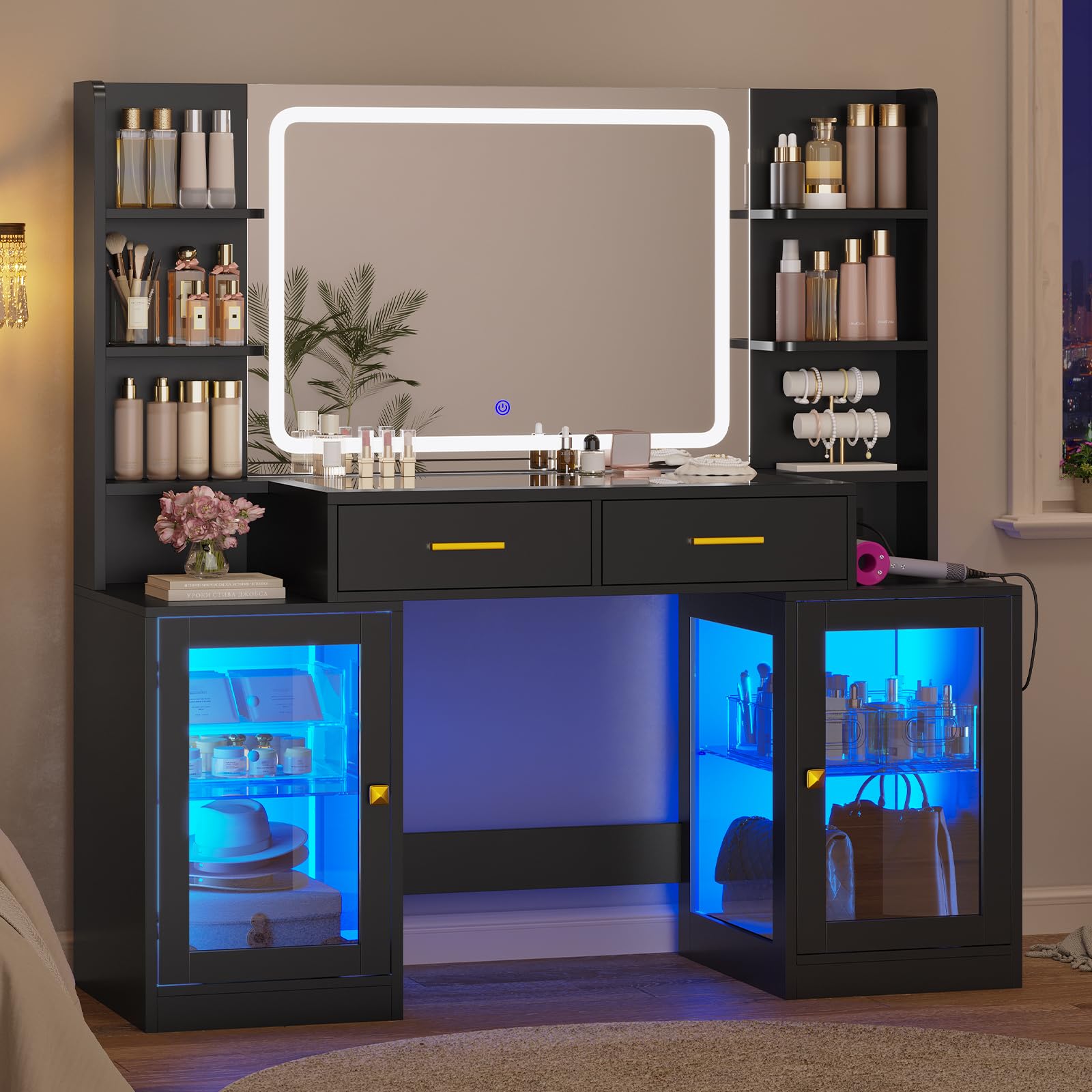 ADORNEVE Makeup Vanity with Mirror & Lights, RGB Cabinets, Vanity Desk with 2 Glass Top Drawers & Power Outlet, for Teen Girls, Women, Black