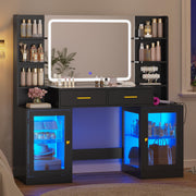 Glass Top Makeup Vanity Desk with RGB Mirror Lights & Power Outlet