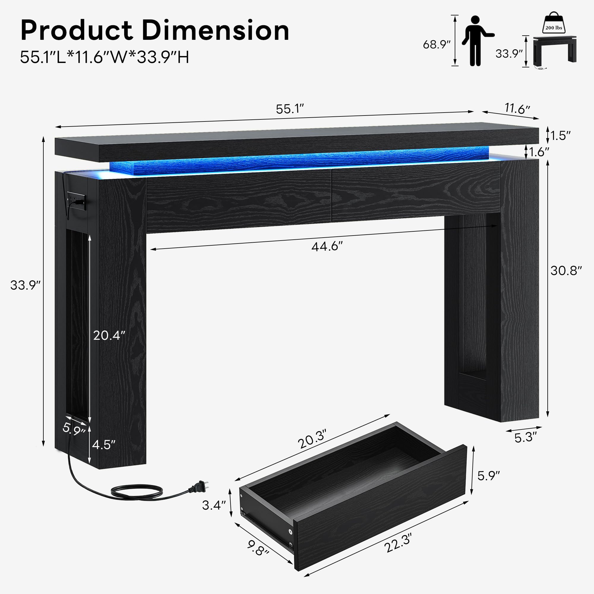 LIKIMIO Console Table with Drawers, Modern Entryway Table with LED Lights and Charging Station, Narrow Sofa Table with Storage Behind Couch for Entrance, Hallway, Living Room, Black