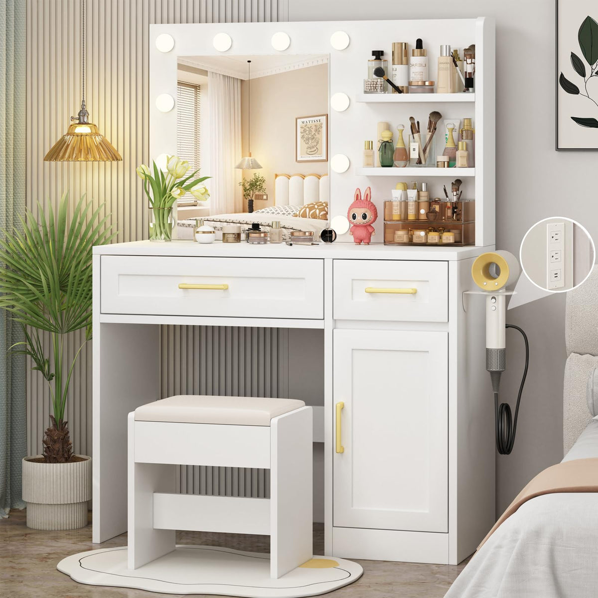 ENDYOE Vanity Desk with Mirror and Lights & Power Outlet
