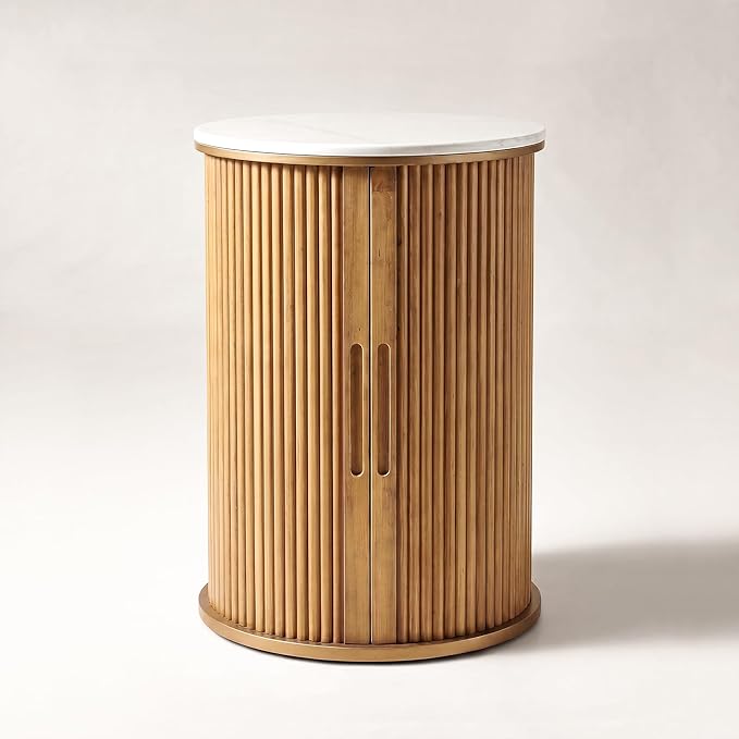 Round Fluted End Table with Sintered Stone Top & Tambour Door Storage