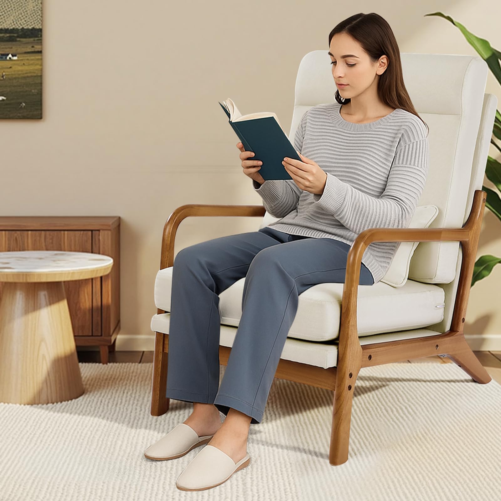 VEVOR Accent Chair, High Back Mid Century Modern Armchair with Solid Wood Frame and Non-Slip Legs, Upholstered Leisure Chair with Linen Fabric and 5.3 in Thickened Cushion, for Living Room, Bedroom