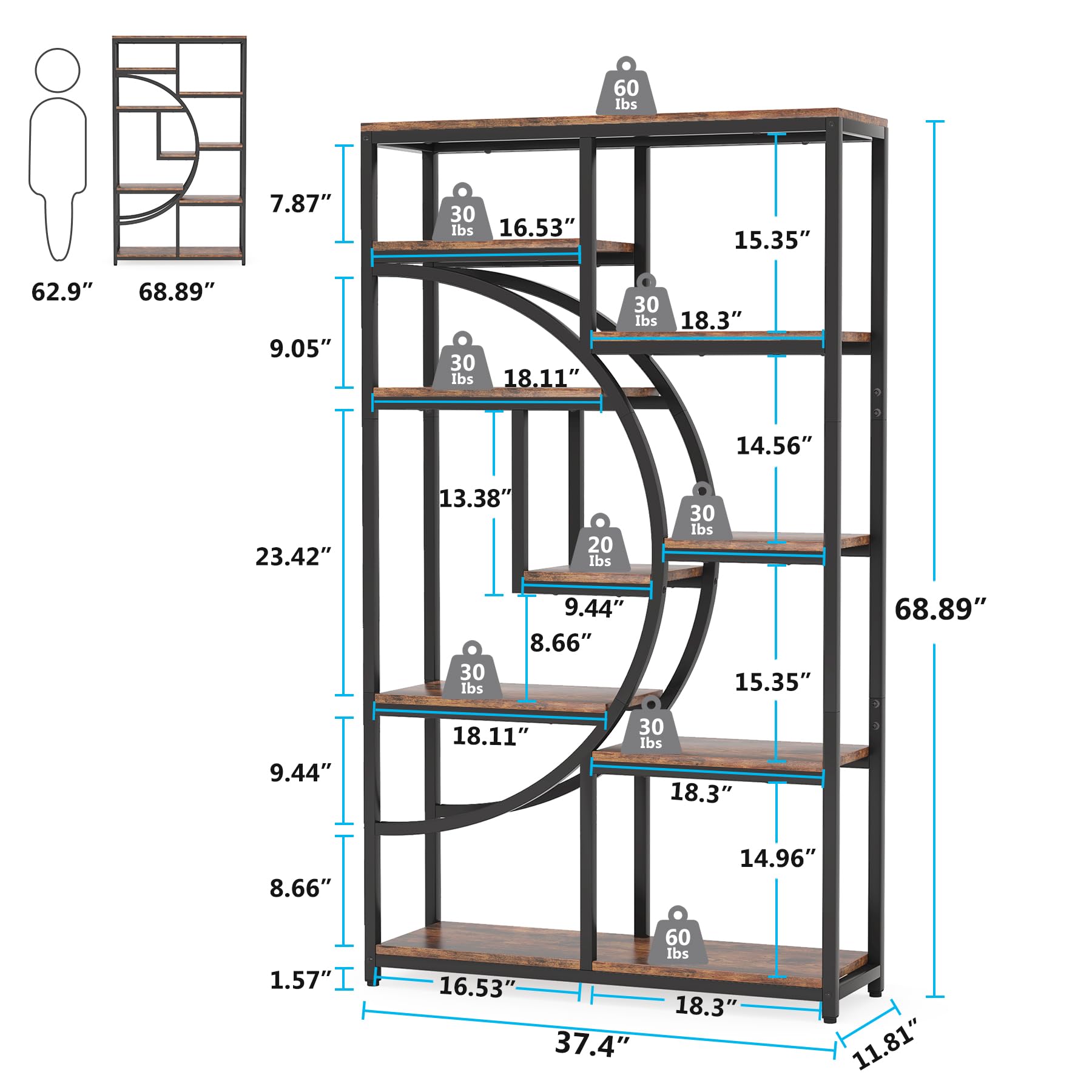 9-Shelf Etagere Bookcase with Metal Frame