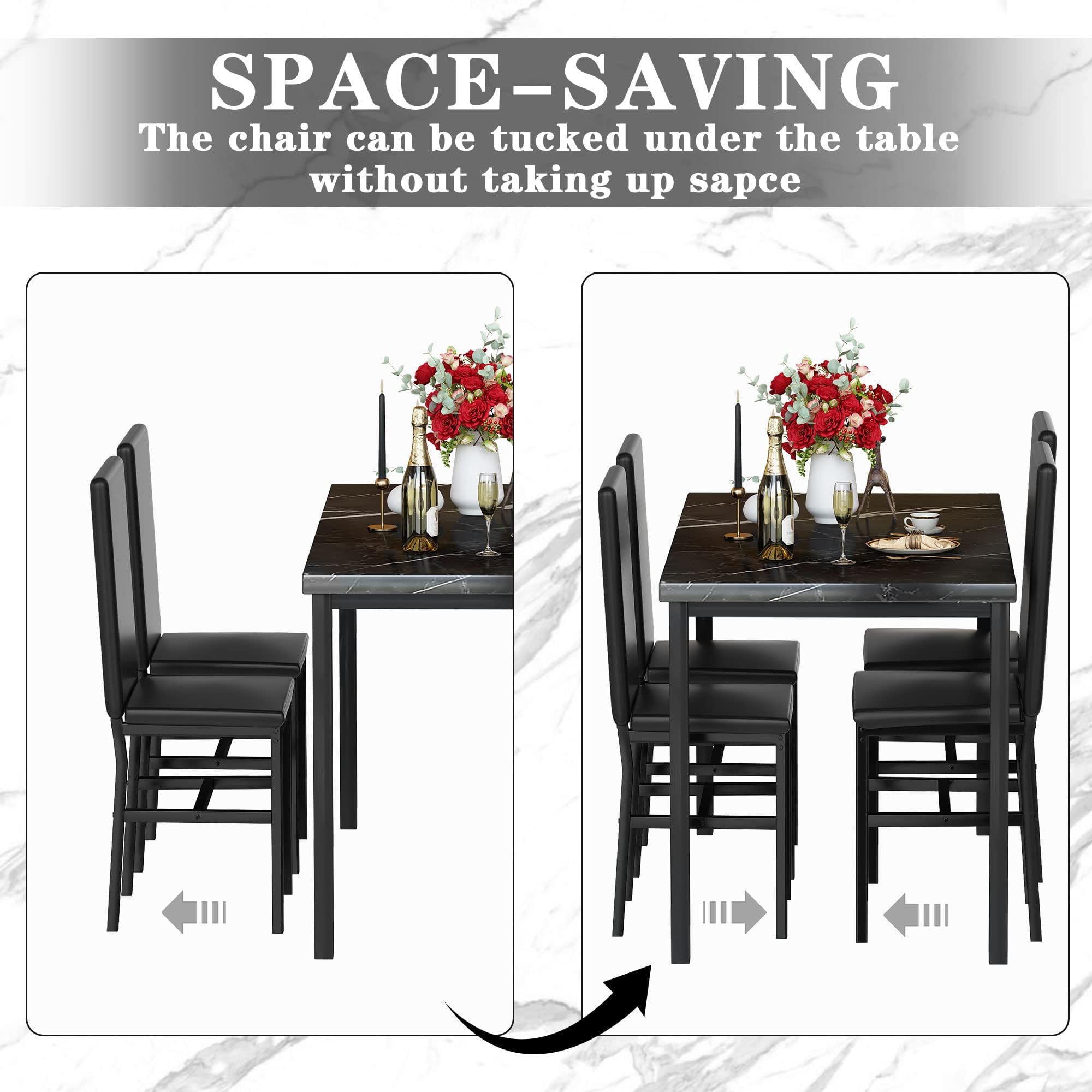 5-Piece Faux Marble Dining Table Set with PU Leather Chairs